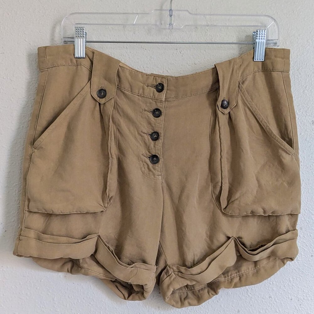 Da-Nang Tan Silk Shorts | Size M | Button Front | Cuffed | Utility Style
